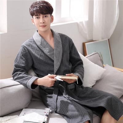 

Men Autumn Winter 100 Cotton Thick Long-Sleeve Bathrobes Bath Robe Loose Medium Long Loungewear Nightgown Pajama