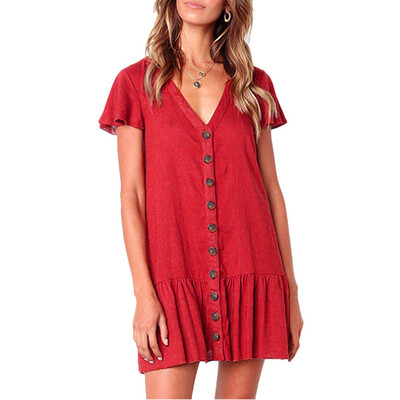 

Short Sleeve V-Neck Button Ruffle Dress Women Sexy Casual A-Line Beach Sundress Ladies Party Dresses 2018 Summer Shirt Dress