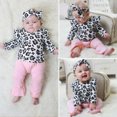 

Newborn Baby Girl Clothes Set Leopard Tops T-Shirt Ruffle Pants Headband Outfits