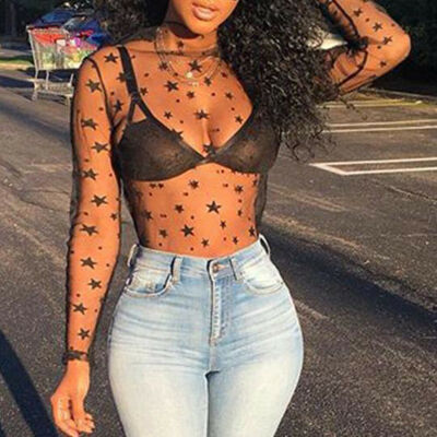 

Sexy Womens See through Lace Mesh Sheer Long Sleeve Crop Top T Shirt Blouse Tee