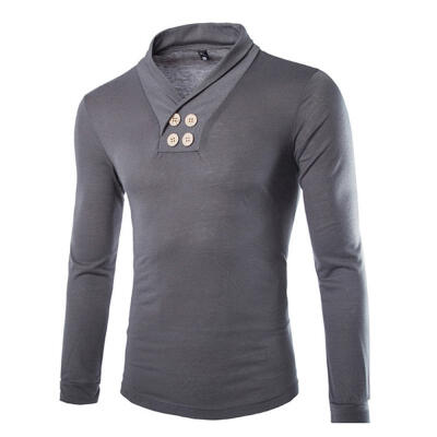 

Casual Mens Long-Sleeved T-Shirt Fashion Small Lapel Design Double-Breasted T-Shirt Tee Top