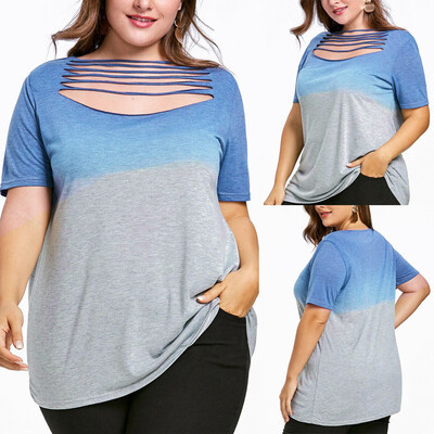 

Roseonmyhand Fashion Women Plus Size Cutout Hollow Out Short Sleeve Ombre Tee Blouse