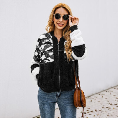 

Women Warm Fleeces Bomber Jacket Leopard Zipper Front Pockets Winter Furry Coat Casual Overcoat Outwear