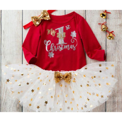 

2019 Newborn Baby Girls My 1st Christmas Tops Romper Tutu Skirt XMAS Outfits Set