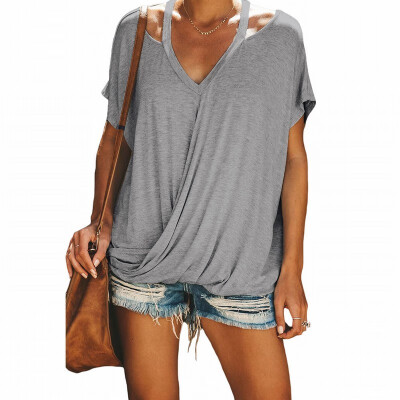 

Solid color short-sleeved womens t-shirt V-neck short-sleeved hem knotted loose top