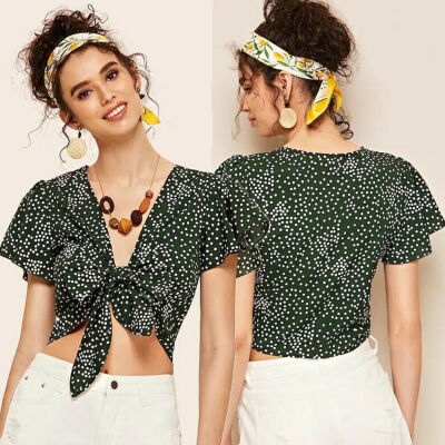 

Retro Womens Polka Dot V Neck Knot Tie Short Sleeve Crop Top T Shirts Blouse Tee