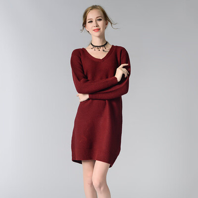 

PREISEI New Autumn Winter Women Casual Elegant Loose Solid V-Neck Long Sleeve Thick Sweater Dress Vestido Mujer