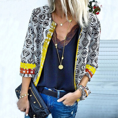 

Toponeto Fashion Women Elegant Three Quarter Sleeve Vintage Printed Jacket Casual Outwear