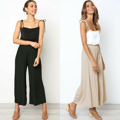 

Lady Fashion High Waist Pleated Wide Leg Flare Long Pants Casual Loose Trousers