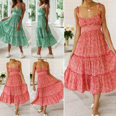 

Women Lace Up Sleeveless Wrap Boho Floral Midi Dress Summer Sundress Holiday