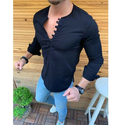 

Mens Linen Long Sleeve Summer Solid Shirts Casual Loose Dress Soft Tops Tee