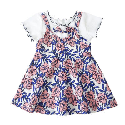 

Summer Kids Girls Short Sleeve O-neck Dress Bowknot Ruffles Floral Dresses