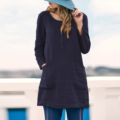 

Womens Retro Casual O Neck Solid Long Sleeve Loose Pockets Cotton & Linen T-Shirt