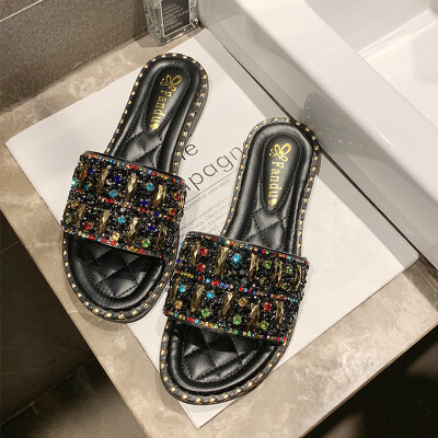 

Slippers women summer wear sandals 2019 new fashion drag Joker Korean rhinestone flat-bottomed beach shoes for pregnant women