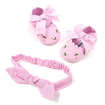 

Baby Girl Embroidery Flower Shoes1PC Hairband Toddler First Walkers Kid Shoes