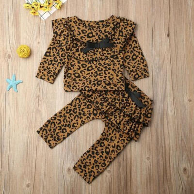 

UK 2Pcs Kids Baby Girls Ruffle Top T-shirt Pants Leggings Outfit Leopard Clothes