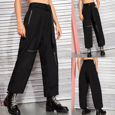 

Womens Army Cargo Trousers Retro Loose Sports Combat Wide Leg Long Pants Pockets