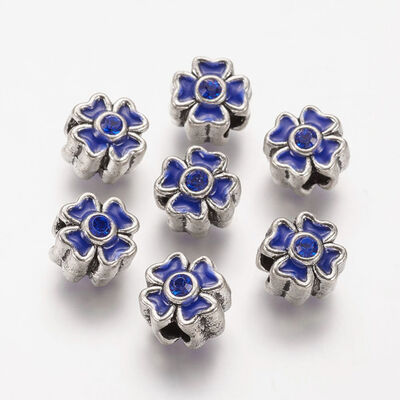 

Alloy Enamel European Beads Large Hole Beads with Rhinestone Clover Antique Silver Metal Color Blue 125x125x105mm