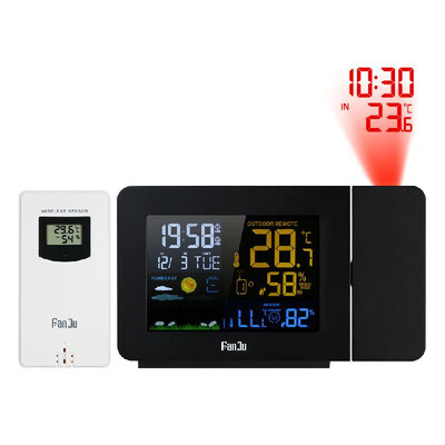 

FanJu USB Operated Wireless Digital Colorful LCD Weather Station Projection Alarm Clock IndoorOutdoor Thermometer Hygrometer Cloc