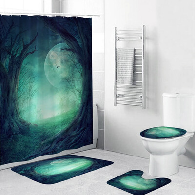 

〖Follure〗Halloween festival 4PCS Non Slip Toilet Polyester Cover Mat Set Bathroom Curtain