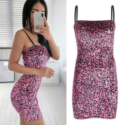 

Sexy Women Strapy Package Hip Mini Dress Sexy Leopard Sleeveless Spaghetti Dress