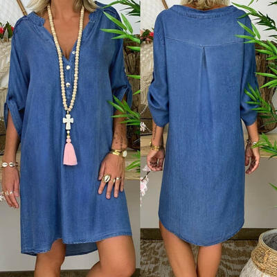 

Women Denim Blue Dress Autumn Long Sleeve Casual Loose Midi Dress -XL