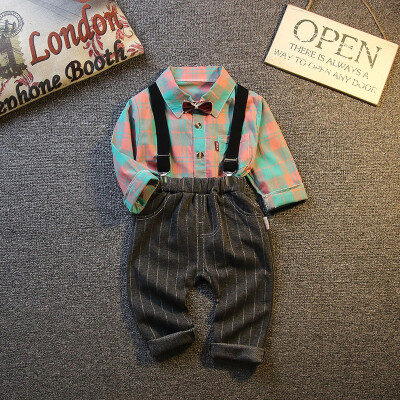 

Toddler Newborn Boy Autumn Outfits Long Sleeve Plaid Print TopStrap Trousers Casual Sets