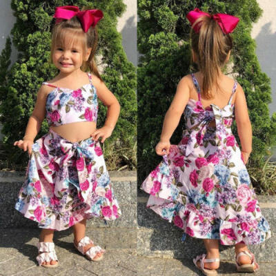 

UK Stylish Baby Kids Girls Outfits Bow Floral Tops Skirts Dress 2Pcs Set Clothes