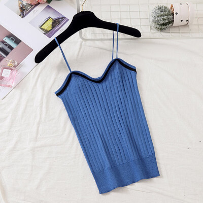 

Women Versatile Sweet Knit Off Shoulder Slim Solid Color Sexy Strap V Collar Camisole