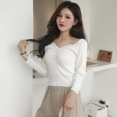 

Lady Fashion Korean Style Sweaters Women Solid Color V Neck Autumn Ladies Knitwear Pullover Femme Sweater