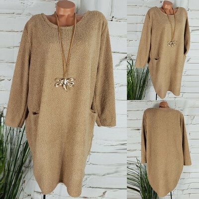 

Tailored Women Casual Plus Size O-Neck Solid Pockets Long Sleeve Irregular Loose Dress