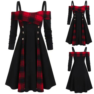

Tailored Fashion Womne Plus Size Open Shoulder Plaid Panel Buttons A Line Dress