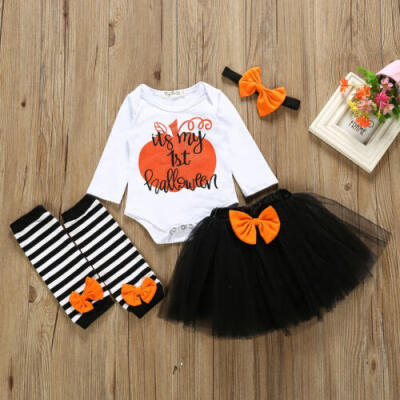 

US 4Pcs Newborn Baby Girl Outfit My 1st Halloween Romper Bodysuit Tutu Dress