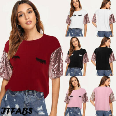 

2019 New Women Summer Tops Sequin Loose Casual Short Sleeve Blouse T-Shirt Tee