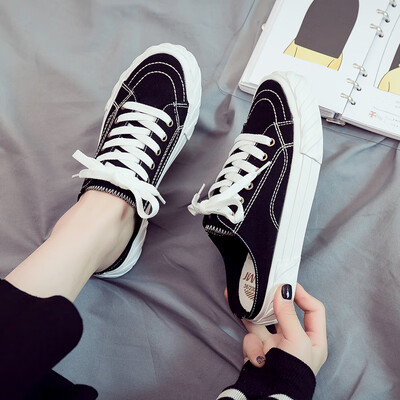 

White canvas womens shoes 2019 summer new half slippers with no heel net red cloth shoes Korean version of Joker spring tide shoe