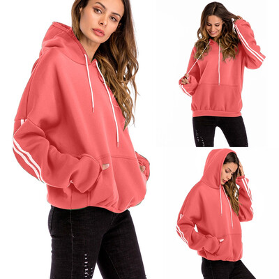 

Starmoon Women Plus Size Casual Solid Hooded Blouse Loose Striped Pocket Sweatshirt