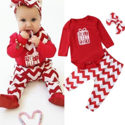 

3PCS Newborn Kids Baby Girls Christmas Outfits Romper Jumpsuit Pant Headband Set