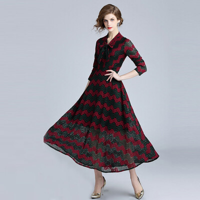 

Autumn Bow Maxi Lace Dresses Women New Europe Hollow Out Stitching Vestidos Femme Work Casual Slim Sexy Party Dress