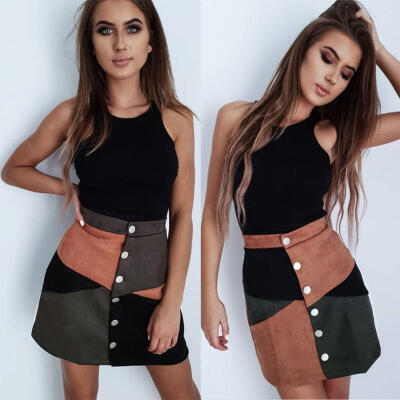 

Fashion Women High Waist Suede Button Short Mini Skirts dress A-Line Mini Skirt Colorblock Suede A-line Skirt