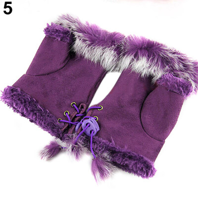 

Womens Winter Faux Rabbit Fur Faux Leather Fingerless Mittens Wrist Gloves
