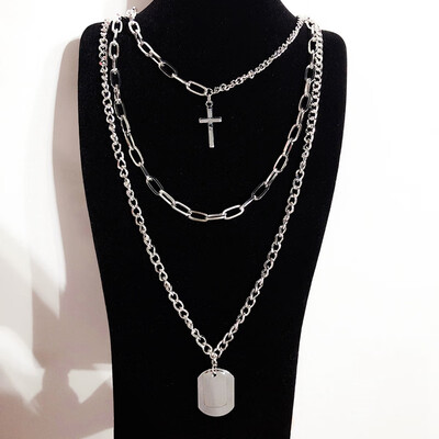 

Fashion Multilayers Punk Silver Chains Cross Necklace Couple Street Hip Hop Geometric Metal Pendant Necklaces for Women