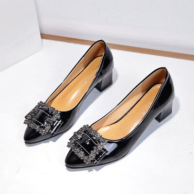 

High heels women thick heel 2019 spring new Korean version of Joker square buckle shallow saliva drill womens shoes pointed in th