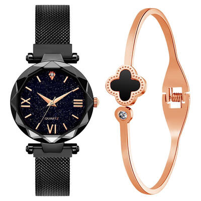 

2019 Women Starry Sky Watch Minimalist Gold Mesh Band Magnetic Buckle Lady Quartz Wristwatch With Bracelet Set Girl Gift Watches