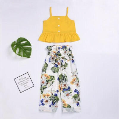 

US Toddlers Girls Outfit Ruffle Top Floral Print Long Pants Summer Clothes 2pcs