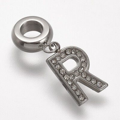 

304 Stainless Steel European Dangle Beads with Rhinestone LetterR 24mm Hole 45mm 115x8x15mm