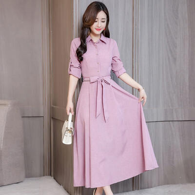 

Tailored Women Elegant Solid Long Sleeve Belt High-Waist Long Boho Dress Button Dress