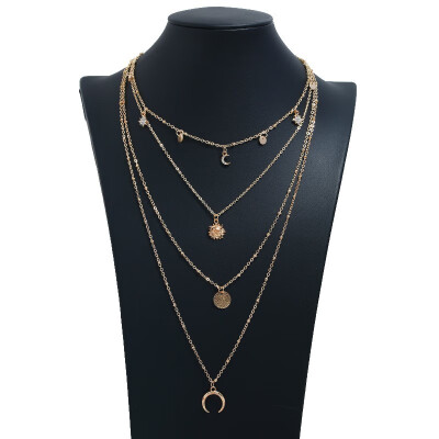 

New Alloy Necklace Retro Sequin Long Necklace Moon Big Pendant Gold Necklace Multi-layer Hot Bohemian Summer Accessories