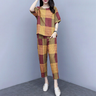 

Plaid Shirt pants Round Neck Short Sleeves Shirt Harem Pants Fashion
