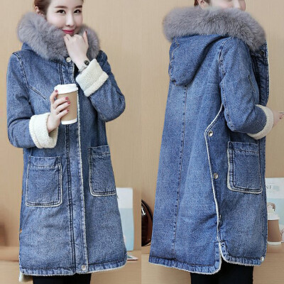 

Tailored Fashion Women Jeans Top Thickening Denim Hoodie Blouse Long Sleeve Loose Coat