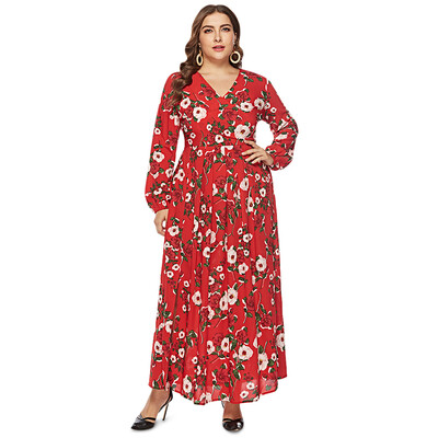 

V Neck Long Sleeve Floral Print Plus Size Women Maxi Dress
